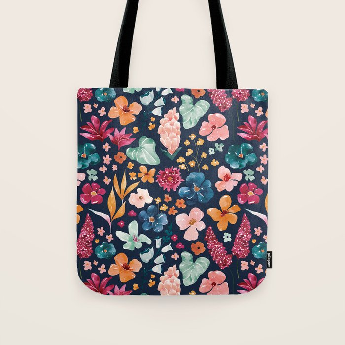 Colorful Tropical Jungle Watercolor Botanical Floral on Navy Blue Tote Bag Gallery Image 1