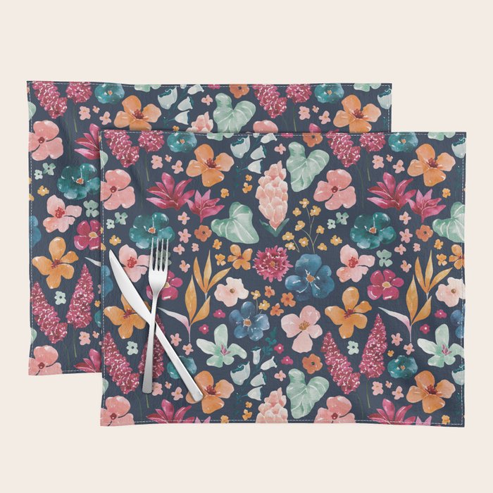 Colorful Tropical Jungle Watercolor Botanical Floral on Navy Blue Placemat Gallery Image 1