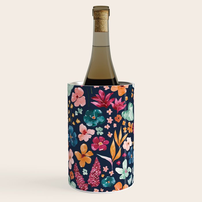 Colorful Tropical Jungle Watercolor Botanical Floral on Navy Blue Wine Chiller Gallery Image 3