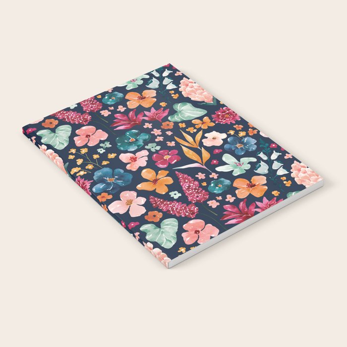 Colorful Tropical Jungle Watercolor Botanical Floral on Navy Blue Notebook Gallery Image 2