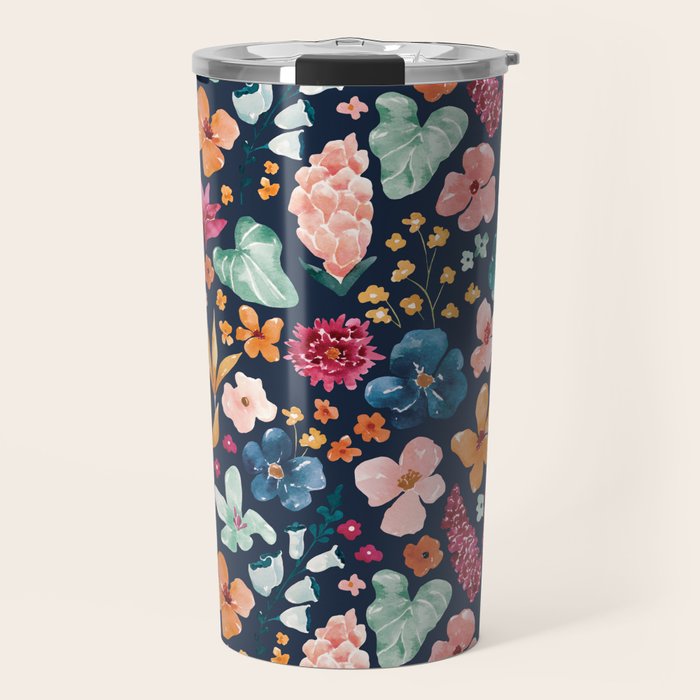 Colorful Tropical Jungle Watercolor Botanical Floral on Navy Blue Travel Mug Gallery Image 1