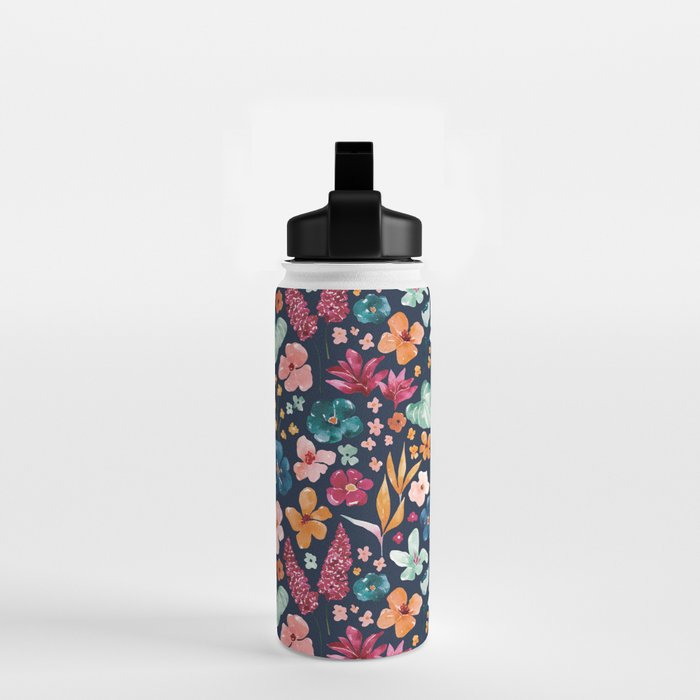Colorful Tropical Jungle Watercolor Botanical Floral on Navy Blue Water Bottle Gallery Image 2