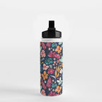 Colorful Tropical Jungle Watercolor Botanical Floral on Navy Blue Water Bottle Gallery Image 2