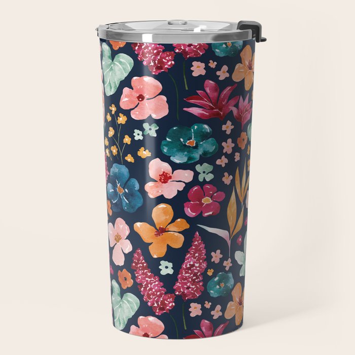 Colorful Tropical Jungle Watercolor Botanical Floral on Navy Blue Travel Mug Gallery Image 2