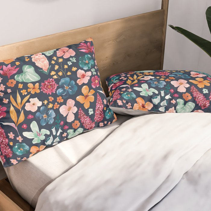 Colorful Tropical Jungle Watercolor Botanical Floral on Navy Blue Pillow Sham Gallery Image 2