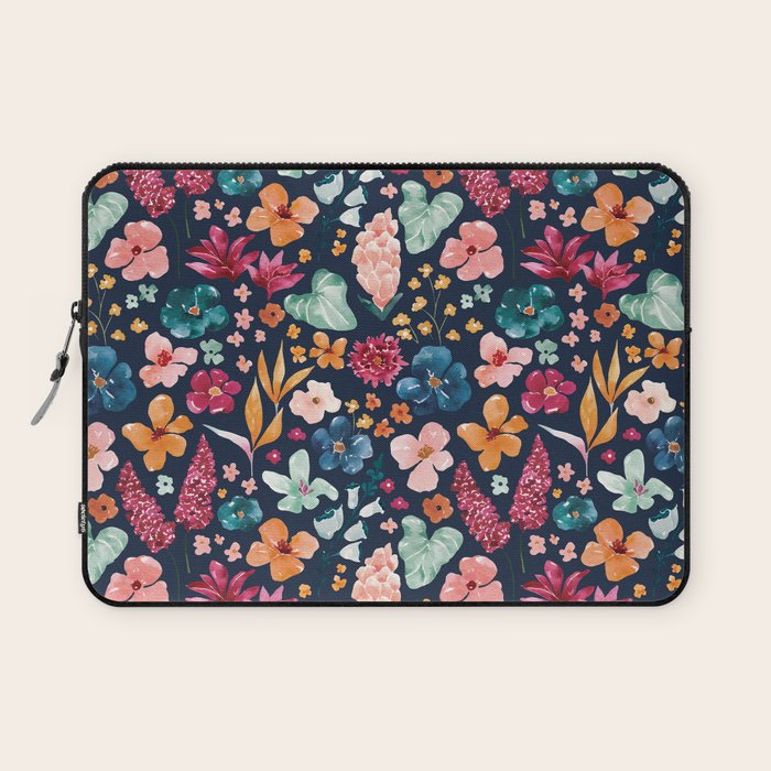 Colorful Tropical Jungle Watercolor Botanical Floral on Navy Blue Laptop Sleeve Gallery Image 1