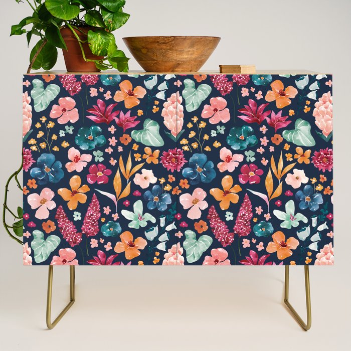 Colorful Tropical Jungle Watercolor Botanical Floral on Navy Blue Credenza Gallery Image 1