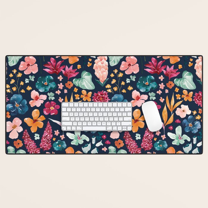 Colorful Tropical Jungle Watercolor Botanical Floral on Navy Blue Desk Mat Gallery Image 1