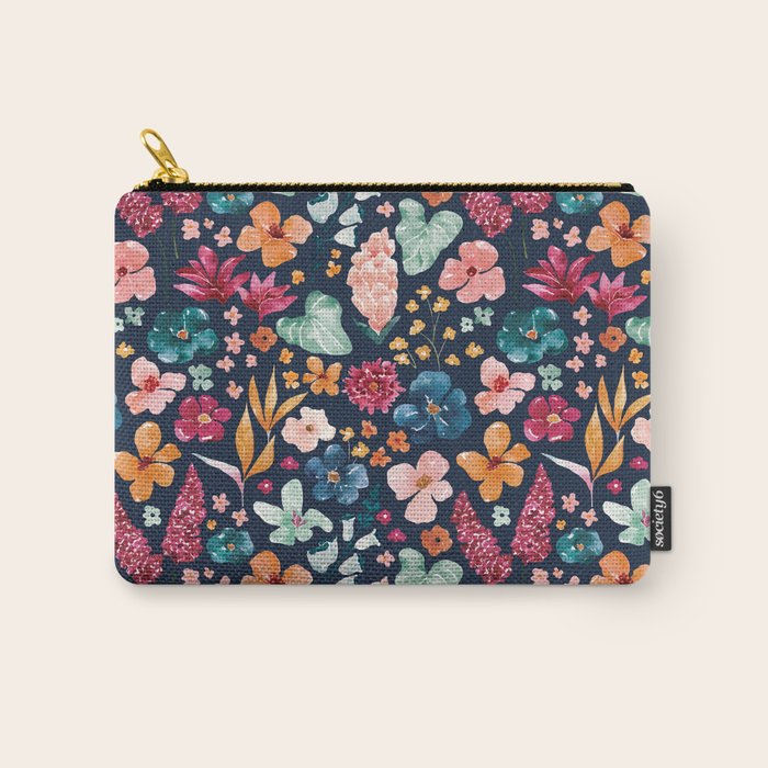 Colorful Tropical Jungle Watercolor Botanical Floral on Navy Blue Carry All Pouch Gallery Image 1