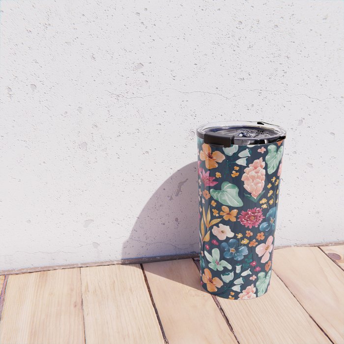 Colorful Tropical Jungle Watercolor Botanical Floral on Navy Blue Travel Mug Gallery Image 4