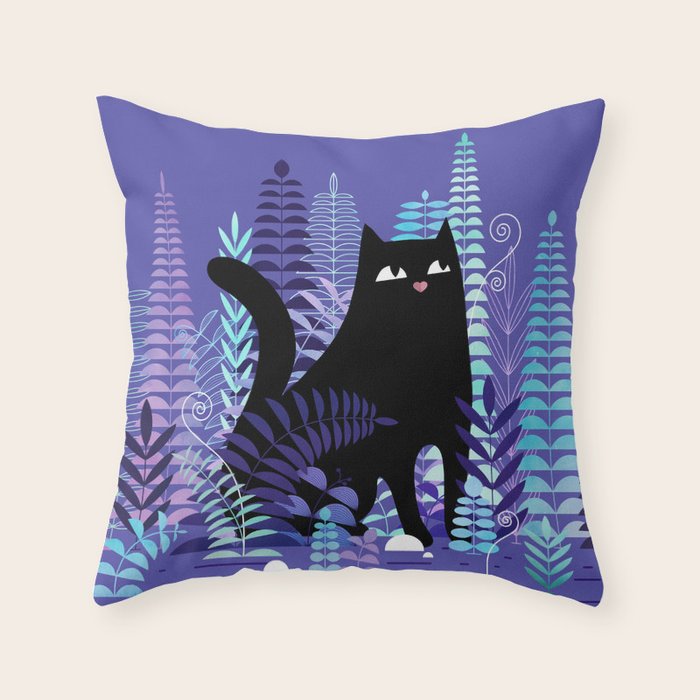The Ferns (Black Cat Version) Throw Pillow Gallery Image 6