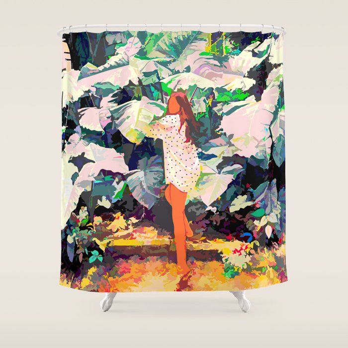Live Quietly In a Corner Of Nature, Modern Bohemian Woman Jungle Forest Eclectic Painting Shower Curtain Gallery Image 1