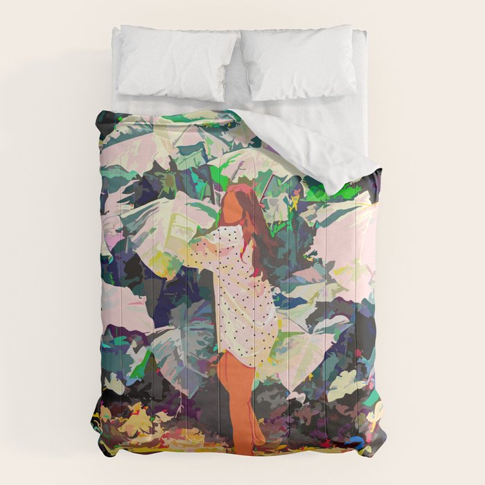 Live Quietly In a Corner Of Nature, Modern Bohemian Woman Jungle Forest Eclectic Painting Comforter Gallery Image 6