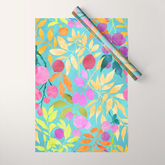 Exotic Fruit Garden Tropical Summer Foliage And Fruit Turquoise Wrapping Paper Gallery Image 1