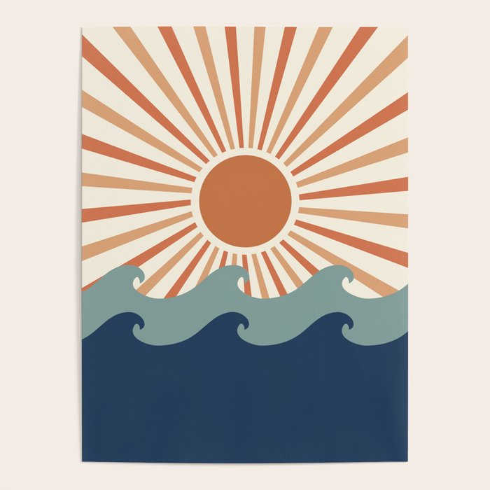 Retro, Sun and Wave Art, Blue and Orange Poster Gallery Image 4