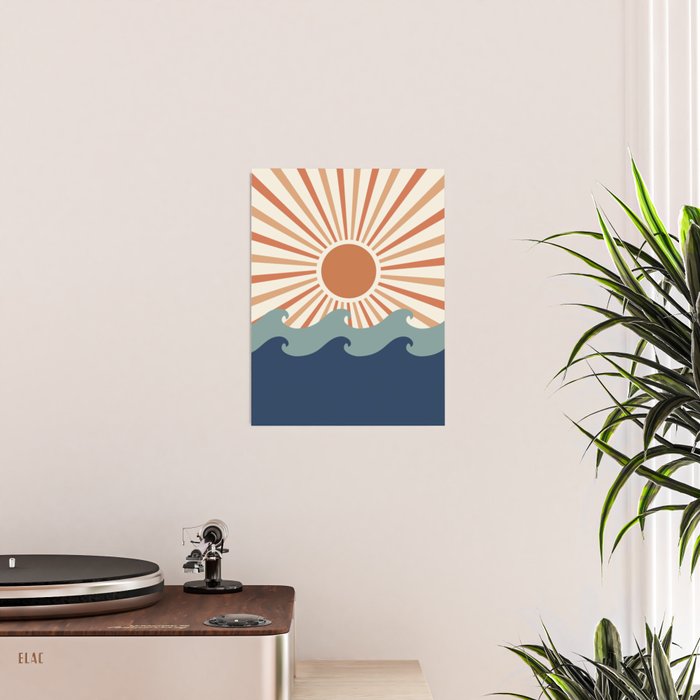 Retro, Sun and Wave Art, Blue and Orange Poster Gallery Image 2