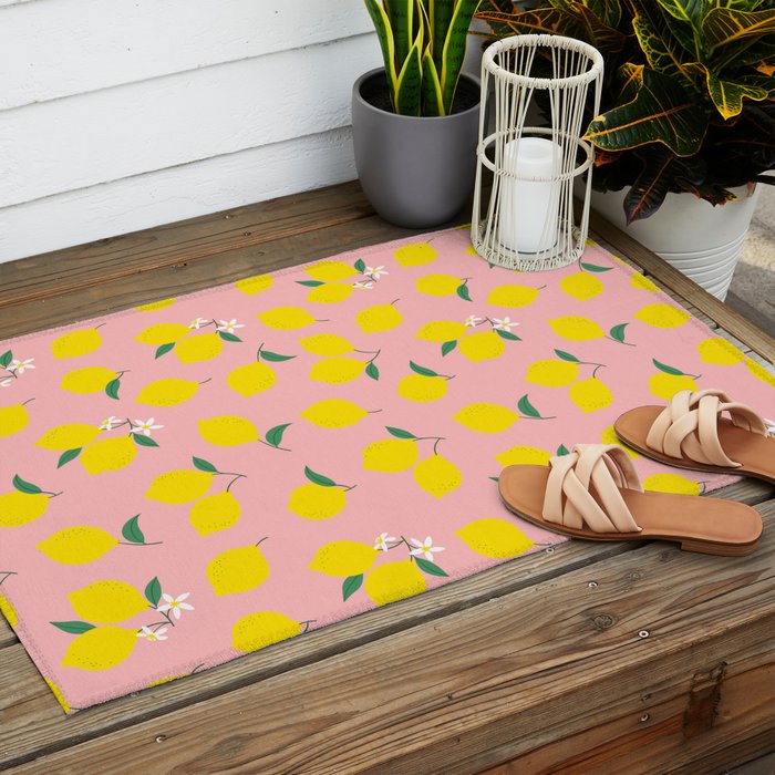 Vintage lemon fruit branch cartoon pattern Outdoor Rug Gallery Image 2