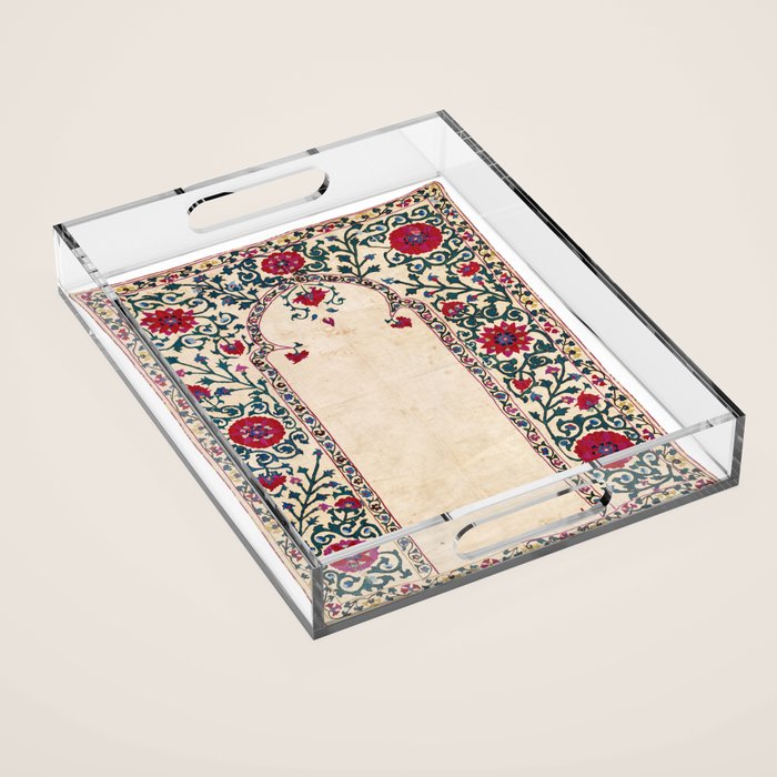 Shakhrisyabz Suzani Joynamoz Uzbekistan Floral Embroidery Print Acrylic Tray Gallery Image 1