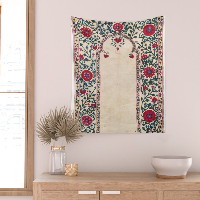 Shakhrisyabz Suzani Joynamoz Uzbekistan Floral Embroidery Print Wall Tapestry Gallery Image 2