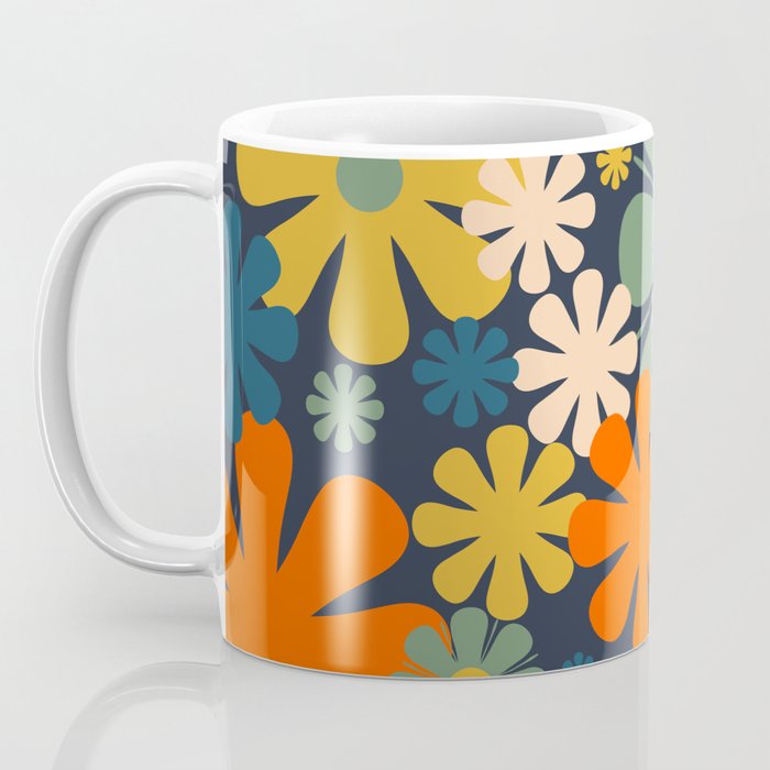 Retro 60s 70s Aesthetic Floral Pattern in Blue Mustard Orange Eucalyptus Coffee Mug Gallery Image 3