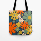 Retro 60s 70s Aesthetic Floral Pattern in Blue Mustard Orange Eucalyptus Tote Bag Gallery Image 1