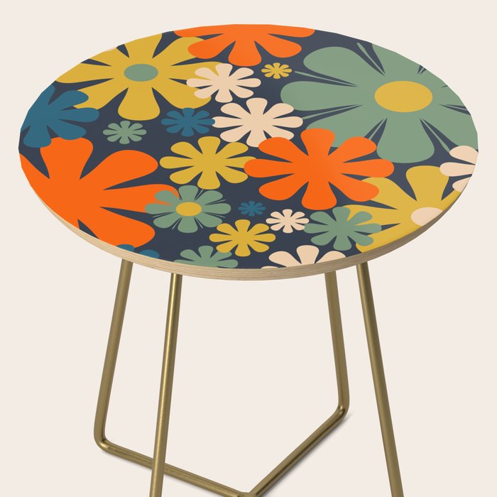 Retro 60s 70s Aesthetic Floral Pattern in Blue Mustard Orange Eucalyptus Side Table Gallery Image 2