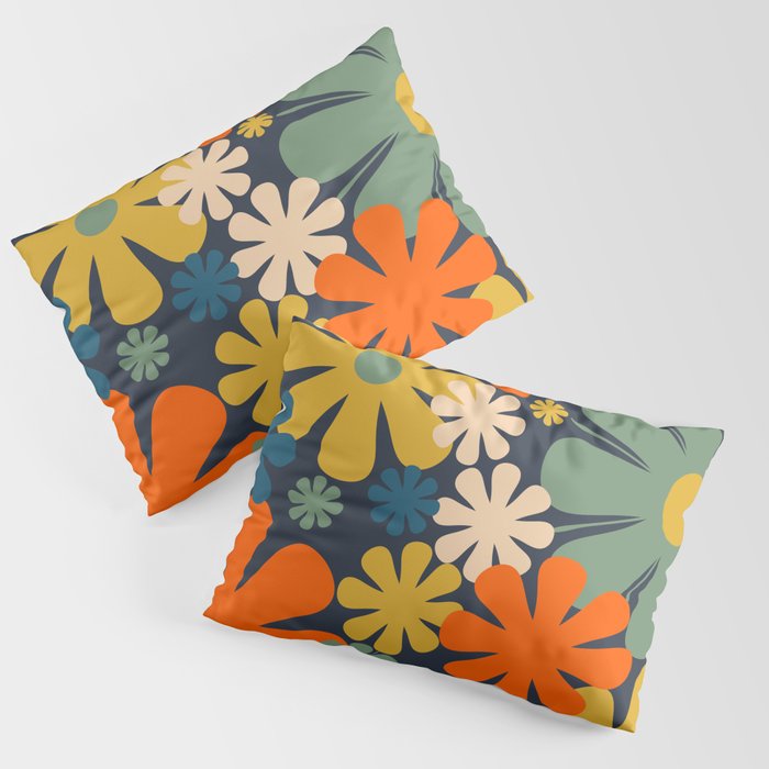 Retro 60s 70s Aesthetic Floral Pattern in Blue Mustard Orange Eucalyptus Pillow Sham Gallery Image 1