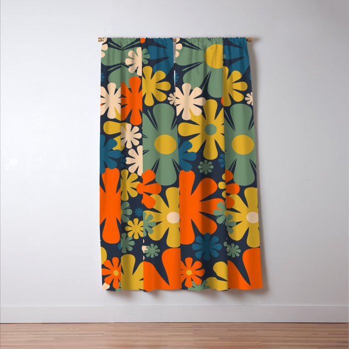 Retro 60s 70s Aesthetic Floral Pattern in Blue Mustard Orange Eucalyptus Window Curtain Gallery Image 3