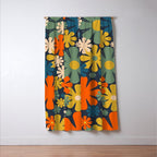 Retro 60s 70s Aesthetic Floral Pattern in Blue Mustard Orange Eucalyptus Window Curtain Gallery Image 3