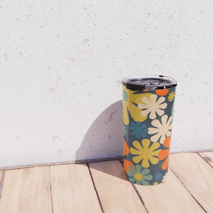 Retro 60s 70s Aesthetic Floral Pattern in Blue Mustard Orange Eucalyptus Travel Mug Gallery Image 4