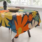 Retro 60s 70s Aesthetic Floral Pattern in Blue Mustard Orange Eucalyptus Tablecloth Gallery Image 3