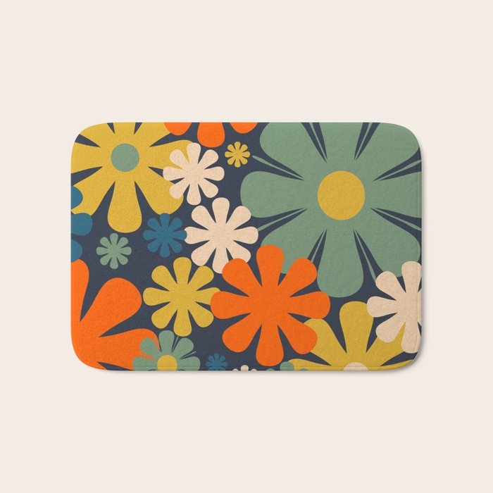 Retro 60s 70s Aesthetic Floral Pattern in Blue Mustard Orange Eucalyptus Bath Mat Gallery Image 1