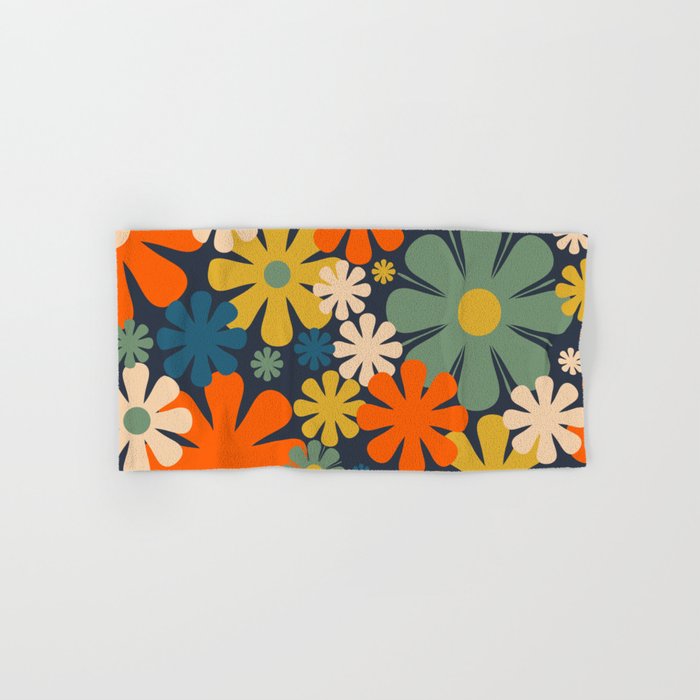 Retro 60s 70s Aesthetic Floral Pattern in Blue Mustard Orange Eucalyptus Towels Gallery Image 1