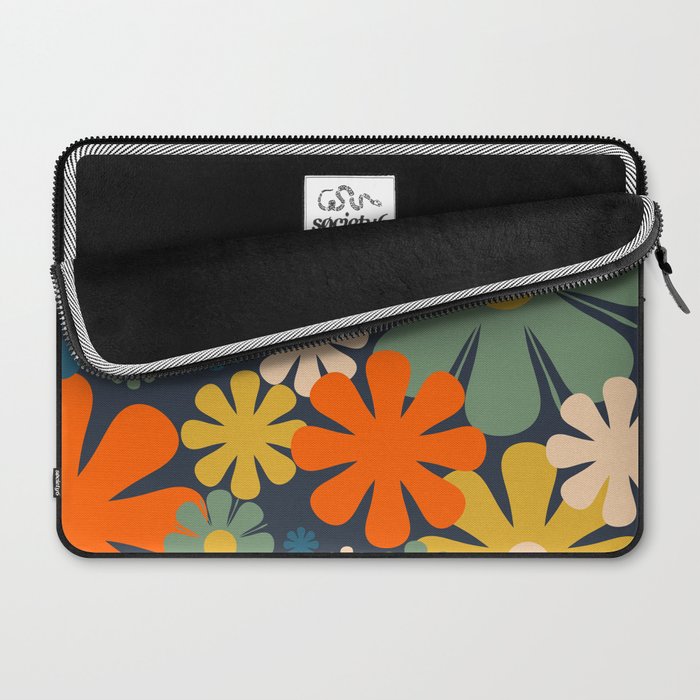 Retro 60s 70s Aesthetic Floral Pattern in Blue Mustard Orange Eucalyptus Laptop Sleeve Gallery Image 2