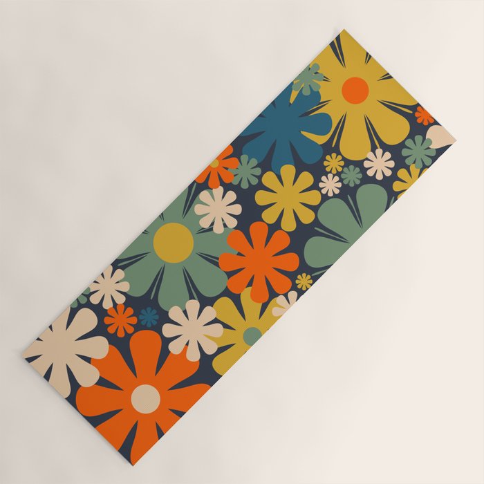 Retro 60s 70s Aesthetic Floral Pattern in Blue Mustard Orange Eucalyptus Yoga Mat Gallery Image 1