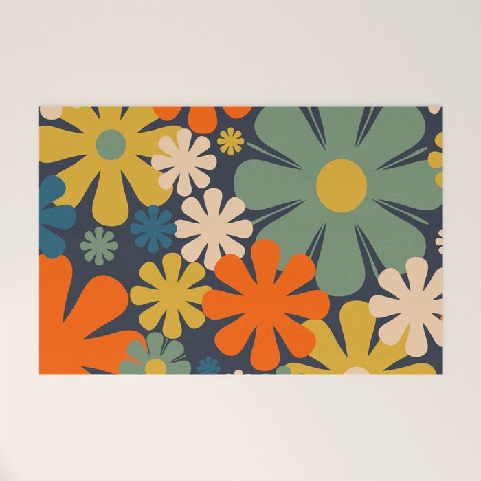 Retro 60s 70s Aesthetic Floral Pattern in Blue Mustard Orange Eucalyptus Welcome Mat Gallery Image 1