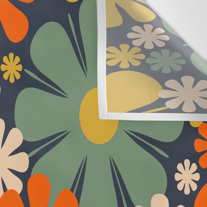 Retro 60s 70s Aesthetic Floral Pattern in Blue Mustard Orange Eucalyptus Wall Tapestry Gallery Image 3