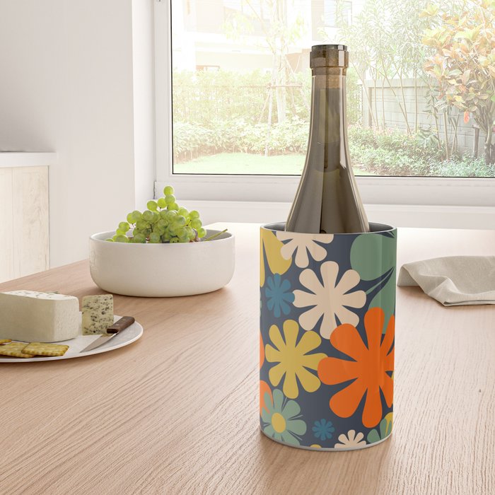 Retro 60s 70s Aesthetic Floral Pattern in Blue Mustard Orange Eucalyptus Wine Chiller Gallery Image 4