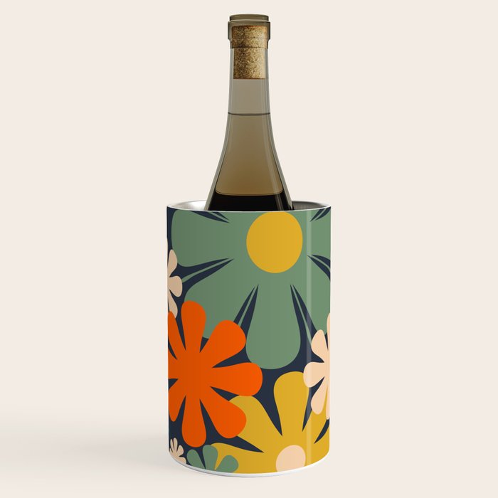 Retro 60s 70s Aesthetic Floral Pattern in Blue Mustard Orange Eucalyptus Wine Chiller Gallery Image 3