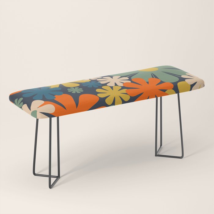 Retro 60s 70s Aesthetic Floral Pattern in Blue Mustard Orange Eucalyptus Bench Gallery Image 1