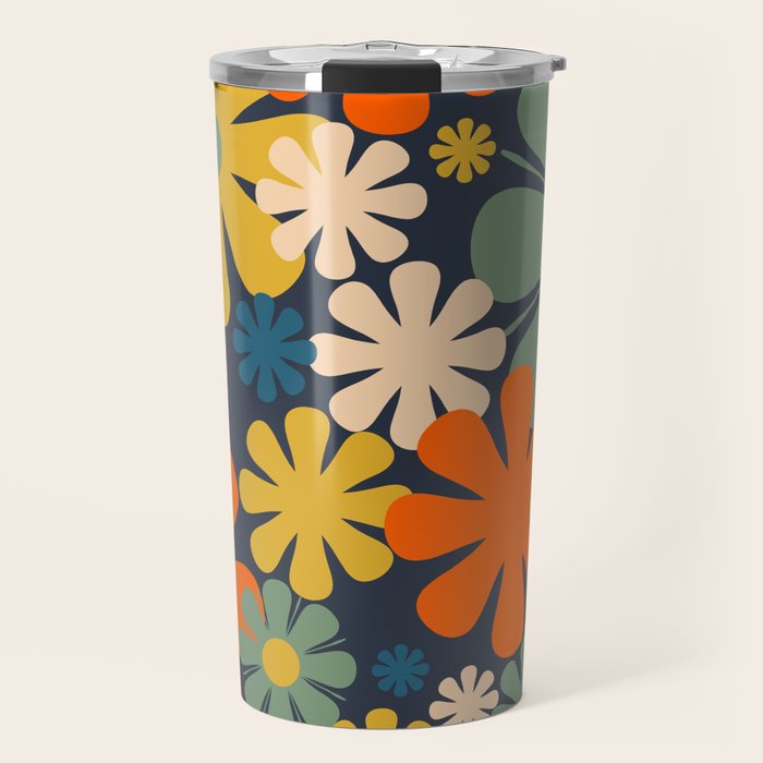 Retro 60s 70s Aesthetic Floral Pattern in Blue Mustard Orange Eucalyptus Travel Mug Gallery Image 1