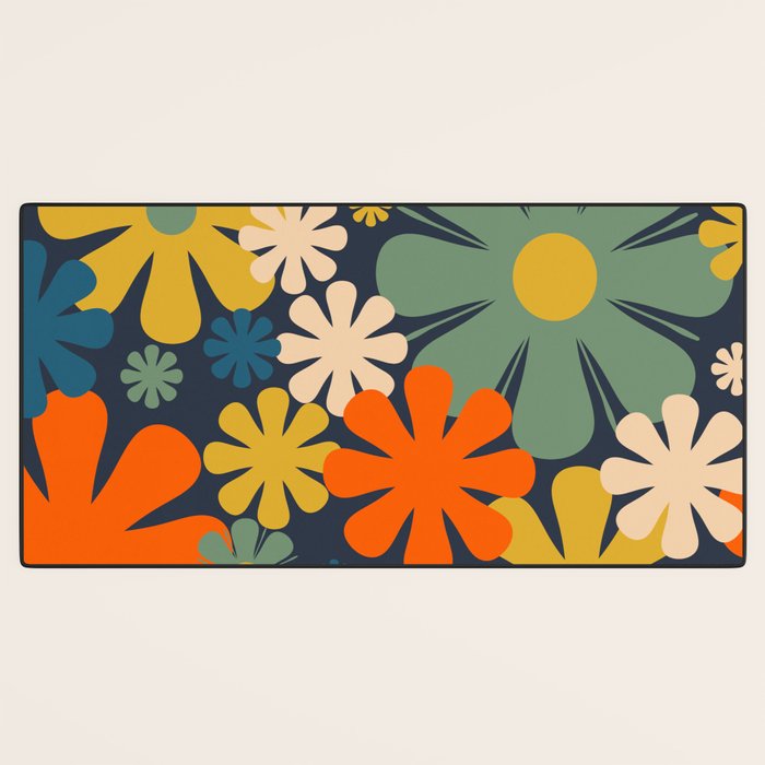 Retro 60s 70s Aesthetic Floral Pattern in Blue Mustard Orange Eucalyptus Desk Mat Gallery Image 3