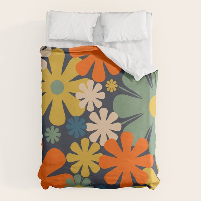 Retro 60s 70s Aesthetic Floral Pattern in Blue Mustard Orange Eucalyptus Duvet Cover Gallery Image 6