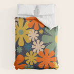 Retro 60s 70s Aesthetic Floral Pattern in Blue Mustard Orange Eucalyptus Duvet Cover Gallery Image 6