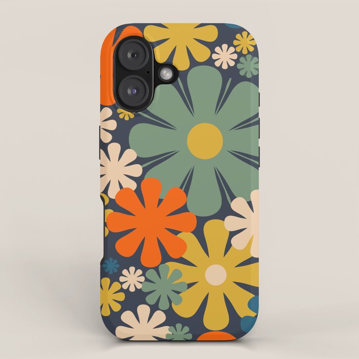 Retro 60s 70s Aesthetic Floral Pattern in Blue Mustard Orange Eucalyptus iPhone Case Gallery Image 1