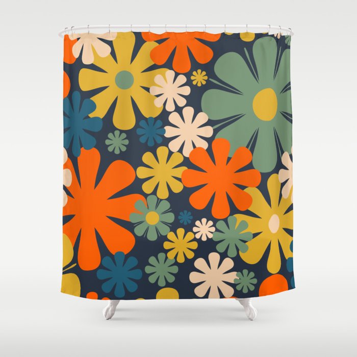 Retro 60s 70s Aesthetic Floral Pattern in Blue Mustard Orange Eucalyptus Shower Curtain Gallery Image 1