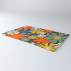 Retro 60s 70s Aesthetic Floral Pattern in Blue Mustard Orange Eucalyptus Rug Gallery Image 3