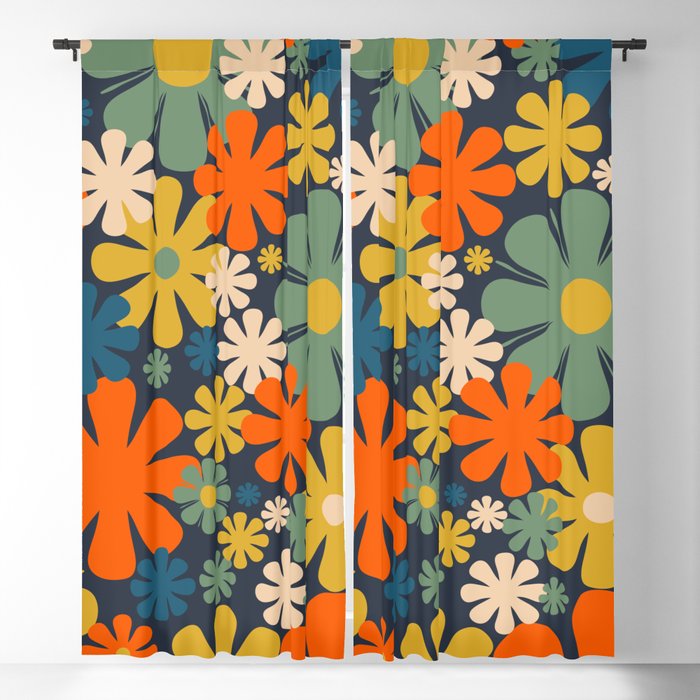 Retro 60s 70s Aesthetic Floral Pattern in Blue Mustard Orange Eucalyptus Window Curtain Gallery Image 5