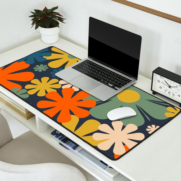 Retro 60s 70s Aesthetic Floral Pattern in Blue Mustard Orange Eucalyptus Desk Mat Gallery Image 2