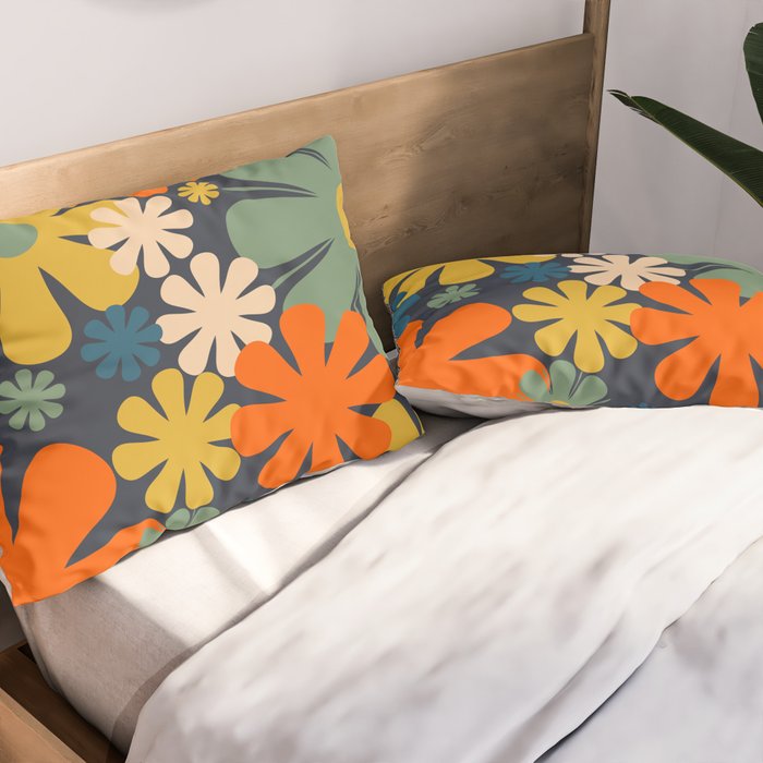 Retro 60s 70s Aesthetic Floral Pattern in Blue Mustard Orange Eucalyptus Pillow Sham Gallery Image 2
